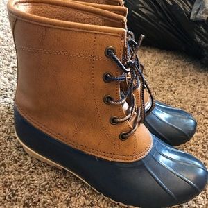 Navy and brown duck boots